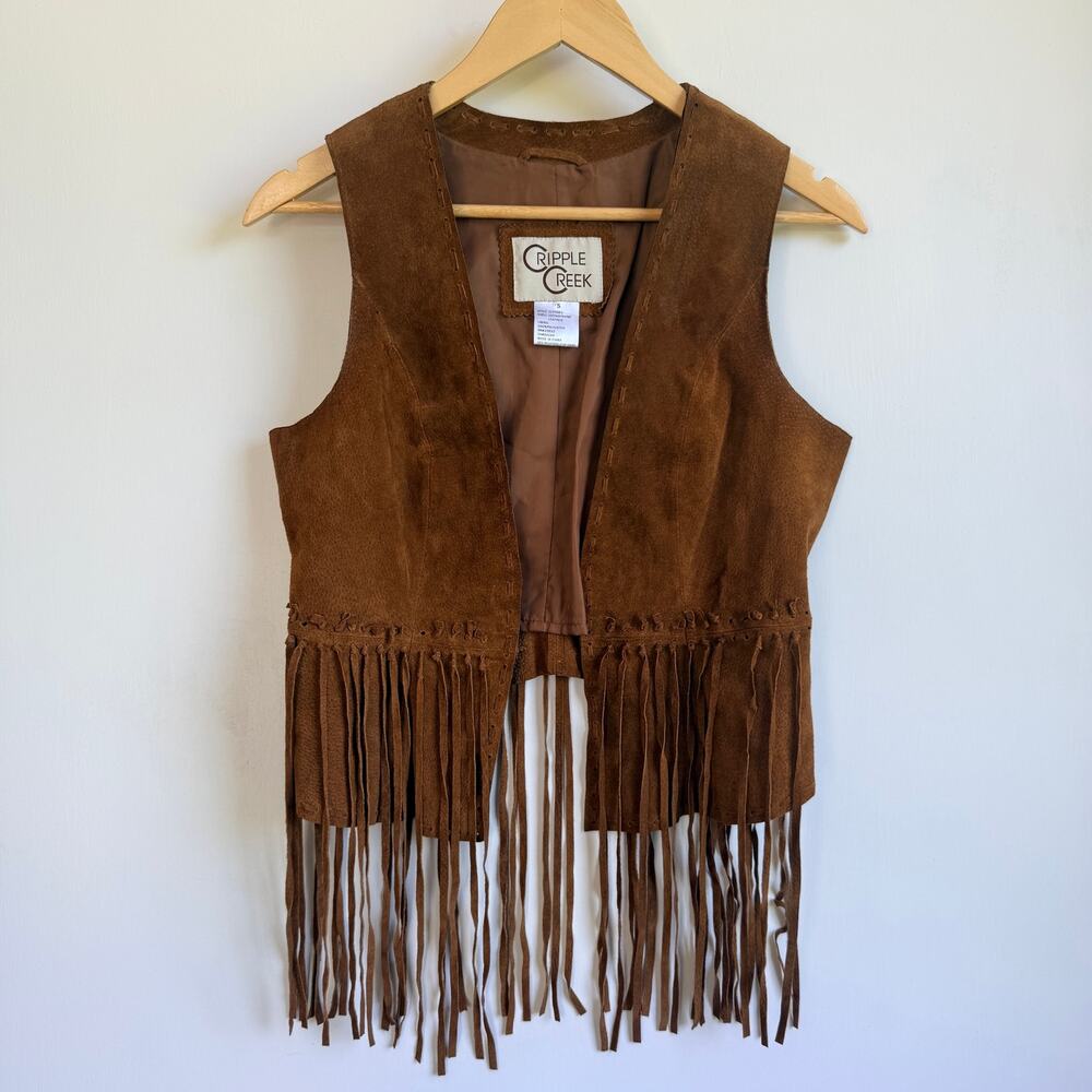 Cripple Creek Brown Suede Leather Fringe Vest Western Boho Women’s Small Small